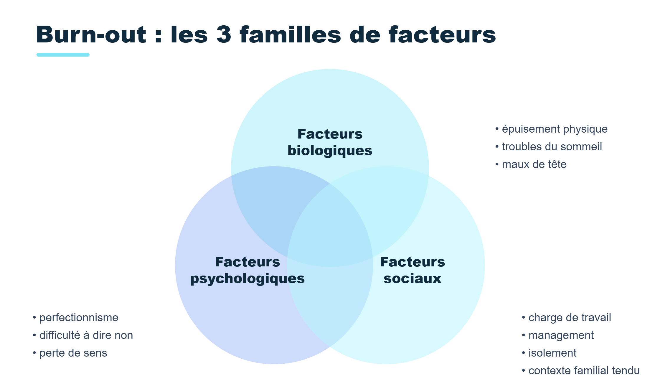 Burn-out : les 3 familles de facteurs, biologiques, psychologiques et sociaux