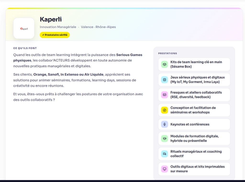 Exemple réel de fiche annuaire : la fiche de Kaperli avec son logo, sa catégorie, le badge Prestataire vérifié, sa présentation éditoriale et la liste de ses prestations avec pictos