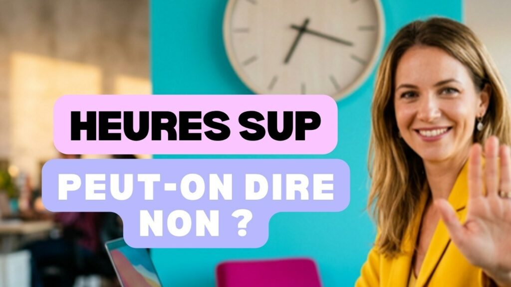Refuser des heures supplémentaires : une salariée lève la paume de la main en signe d’arrêt devant une horloge murale, dans un bureau