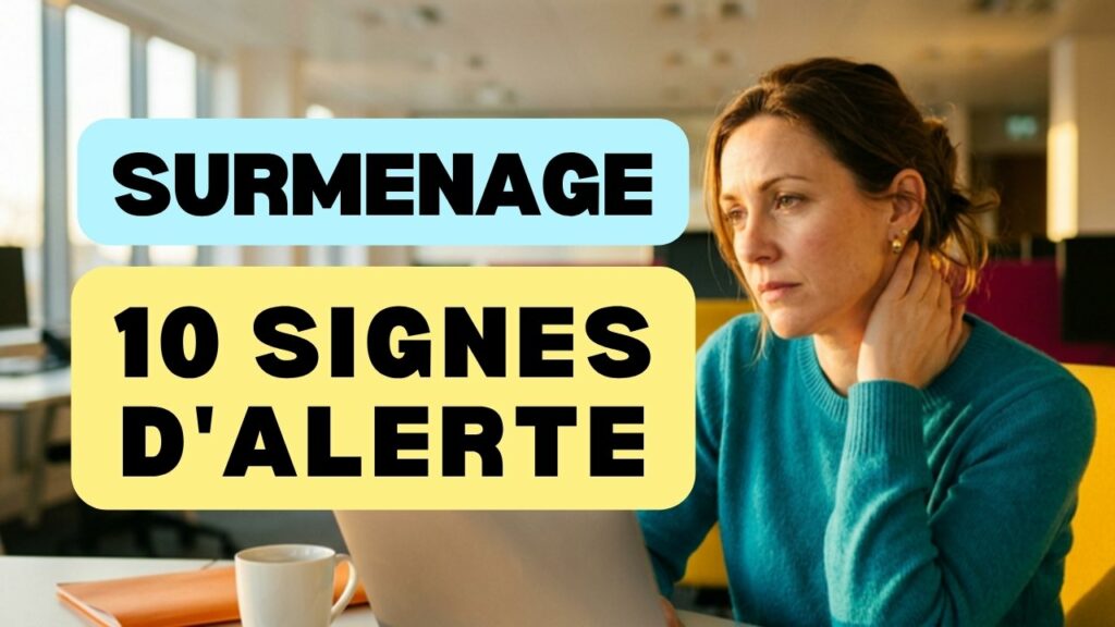 Surmenage au travail : une salariée seule à son bureau en fin de journée, la main sur la nuque devant son ordinateur