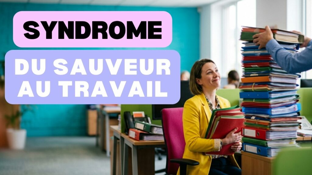 Le syndrome du sauveur au travail : une salariée en blazer jaune serre des dossiers pendant qu'un collègue en ajoute sur une pile qui la dépasse