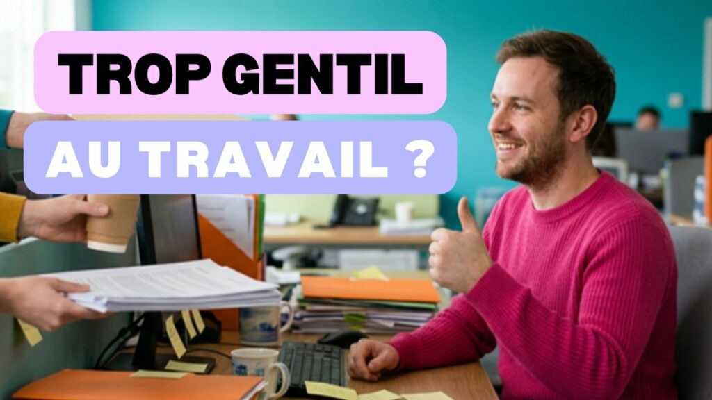 Trop gentil au travail : un salarié en pull fuchsia lève le pouce et sourit pendant que des collègues lui tendent encore des dossiers, un café et des papiers
